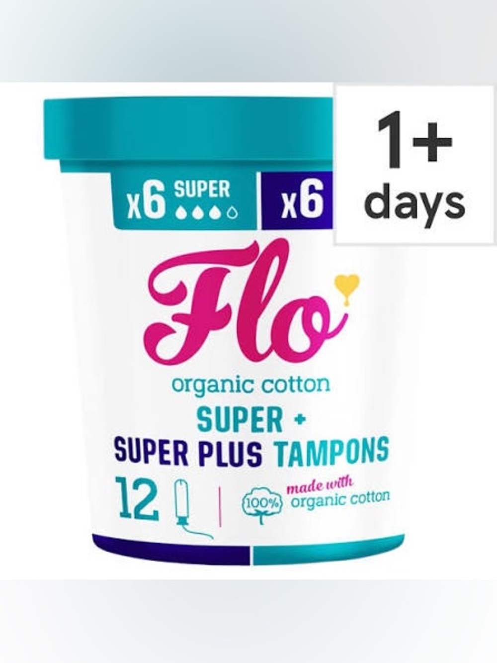 Flo Organic Cotton Super + Super Plus Travel Tampons - 12 Count NEW!